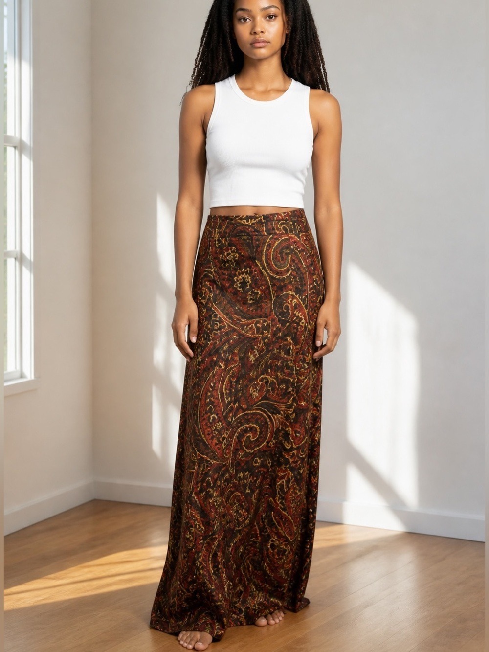 60s COTTON PAISLEY MAXI COLUMN SKIRT W GUSSET PLEATED SIDES & BACK EUC SZ XS